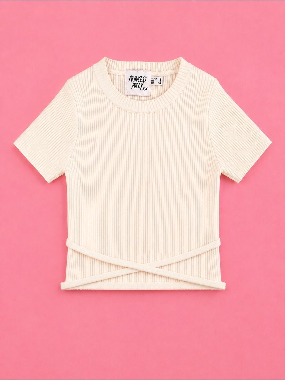 Princess Polly Ribbed Knit Tie Front Crop Top Ivory Short Sleeve Women’s US 2